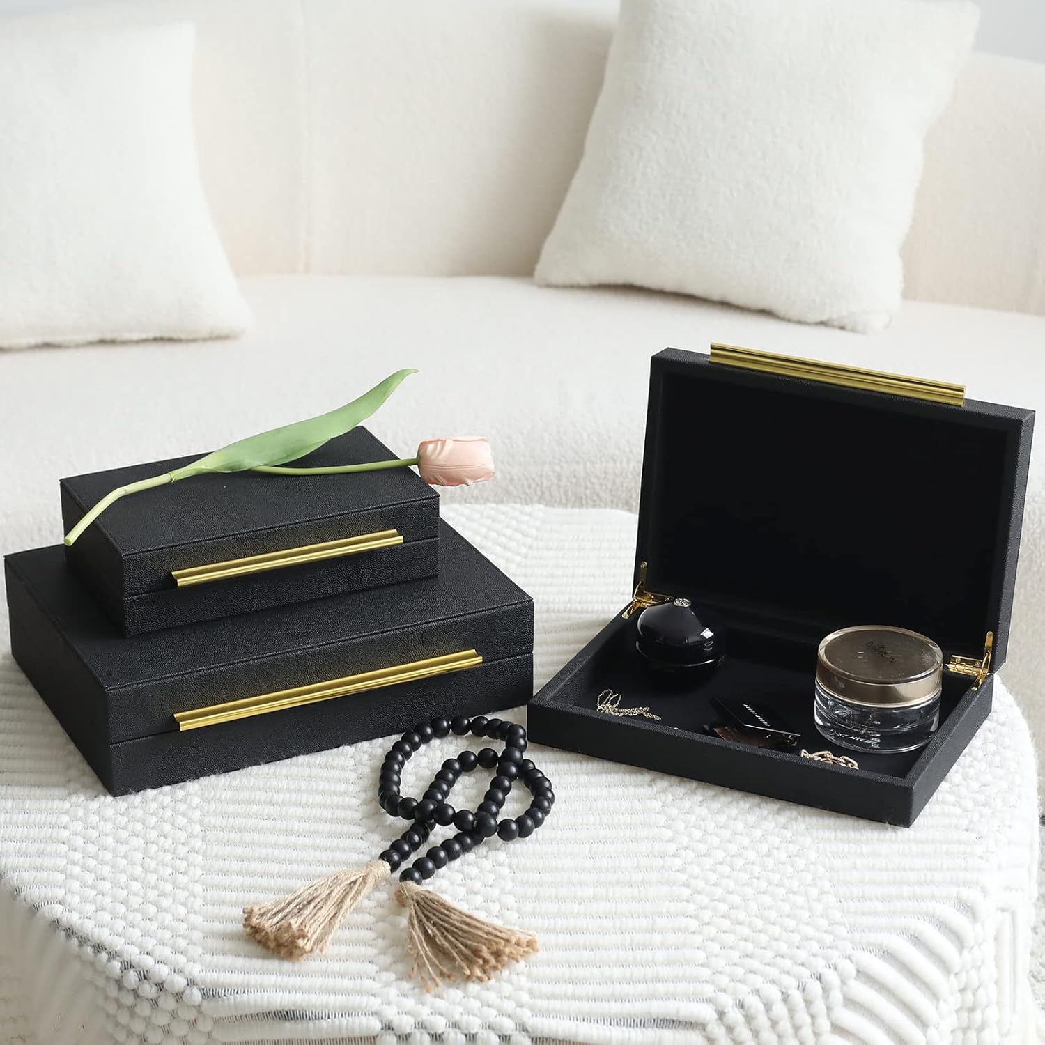 Faux Shagreen Leather Jewelry Storage Boxes Set of 3 with Gold Handles, Velvet Lined Stackable Organizer for Women, Vanity, Dresser, Gift, Black