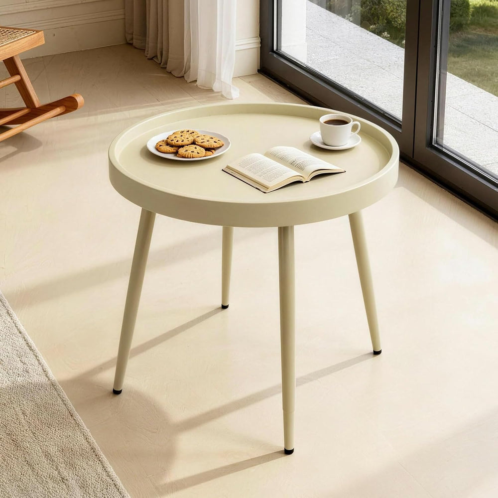 20" Round Side Table, Plastic Top, Iron Frame, Waterproof, Camel | Water...