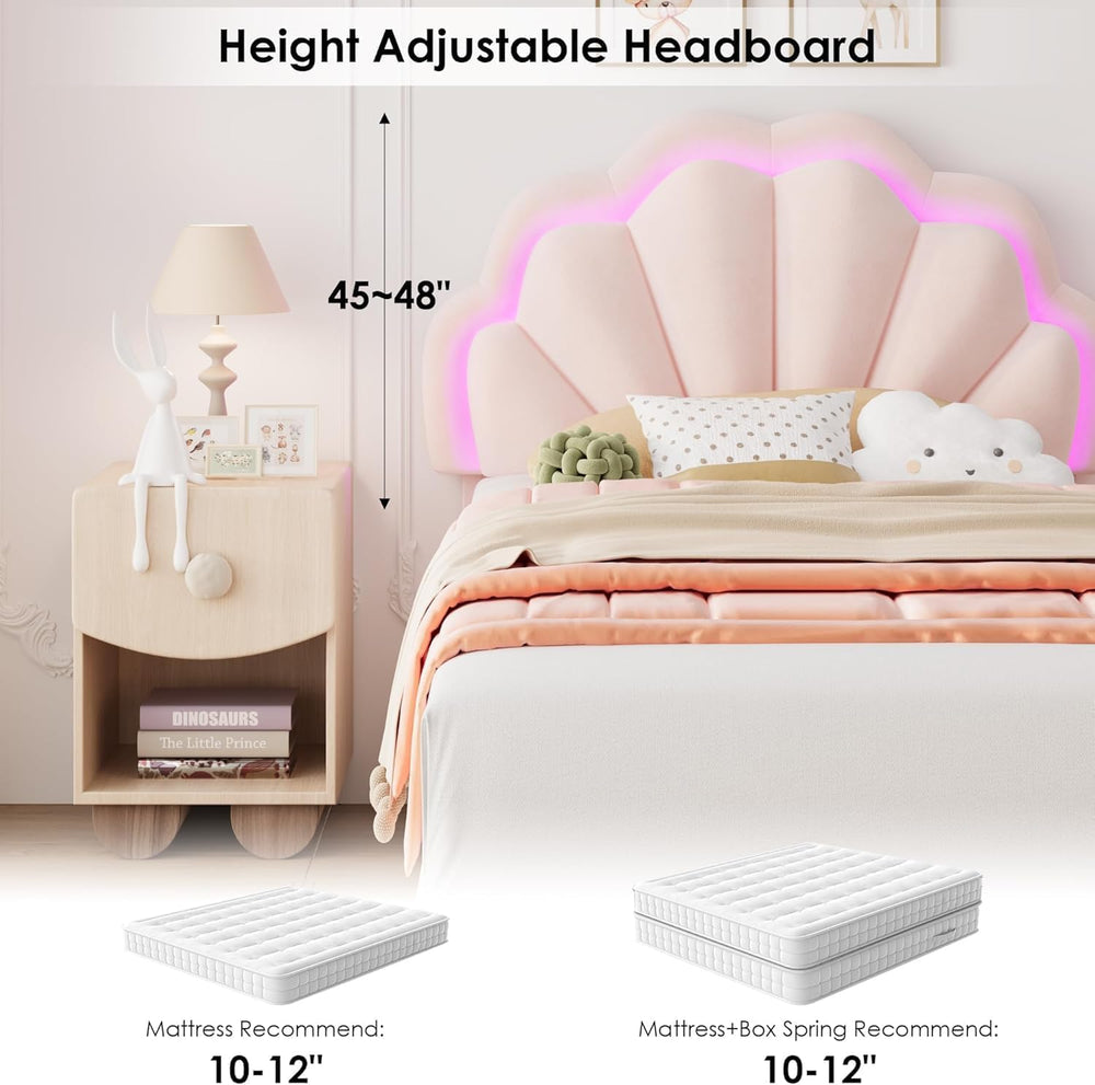 Girls Twin Upholstered LED Bed Frame with Petal Headboard & Storage, Pink