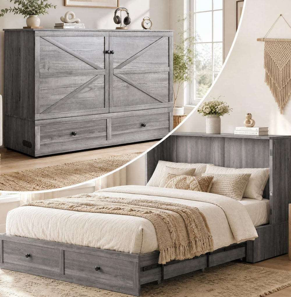 BALUS 57" Width Murphy Bed with Mattress, Full Size Cabinet Bed Frame wi...