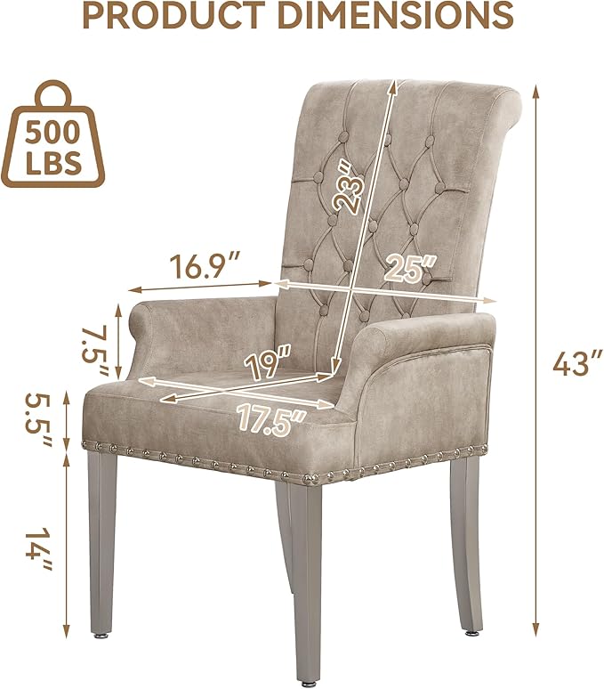 Velvet Dining Chair with Arms, Upholstered Tufted High Back Dining Room Chairs, Accent Armchair with Chrome Leg and Nailhead Trim, Kitchen Dining Living Room, Beige (Ivory)