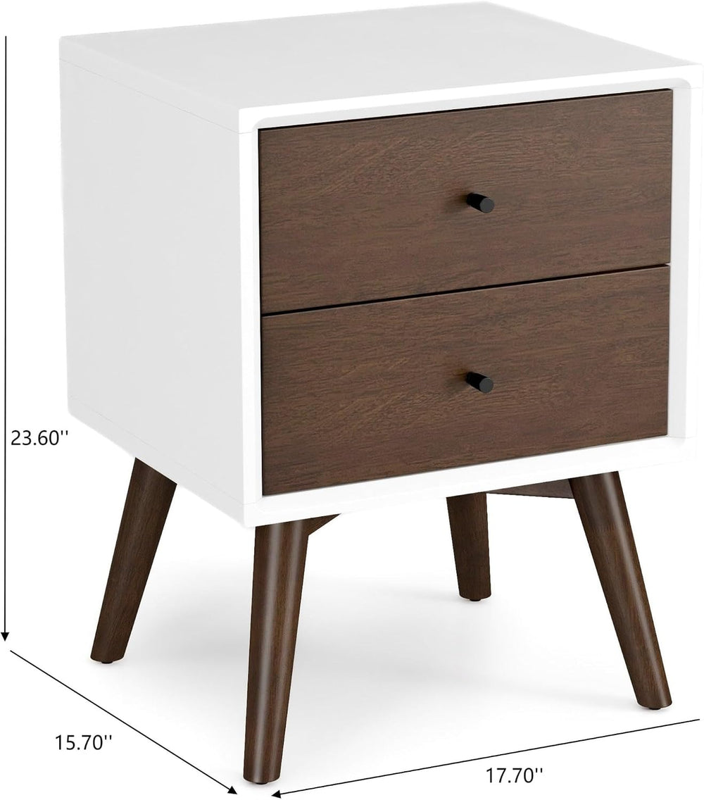 Mid Century Modern Style 2-Drawer White Night Stand Solid Wood 23.6" H,f...