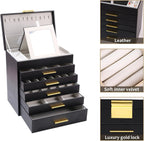 BOOVO Jewelry Box with Necklace Hanger – Jewelry Organizer for Women with 5 Drawers, Large Jewelry Storage Boxes –Jewelry Organizers and Storage for Earrings, Necklaces (Black, 6 layer)