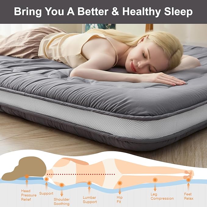 Japanese Floor Mattress, 4" Japanese Futon Mattress, Foldable & Portable Shiki Futon (shikibuton), Roll Up Thicken Sleeping Tatami Mat Sleeping Pad for Camping (Grey, 54 x 80)