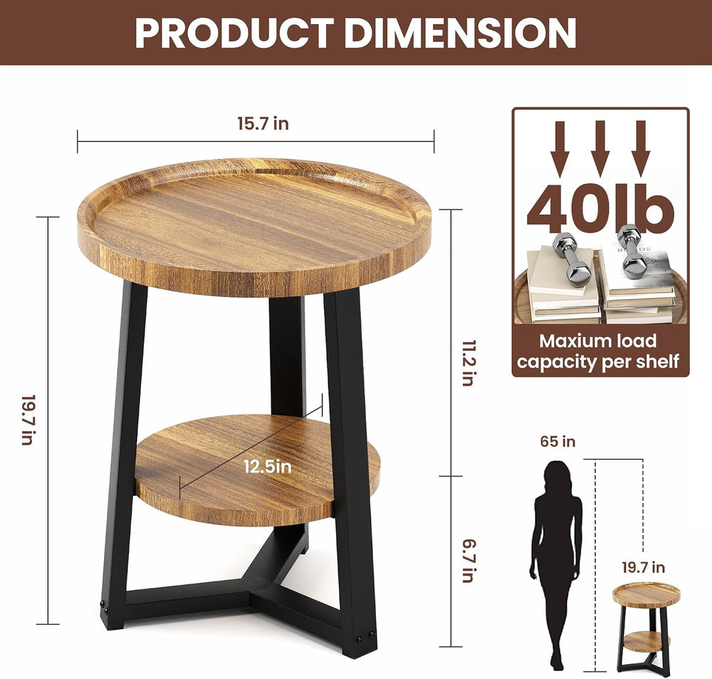 PPAMAPIC Round End Table, 2 Tier Side Table with Storage Shelf, Nightstand Ac...