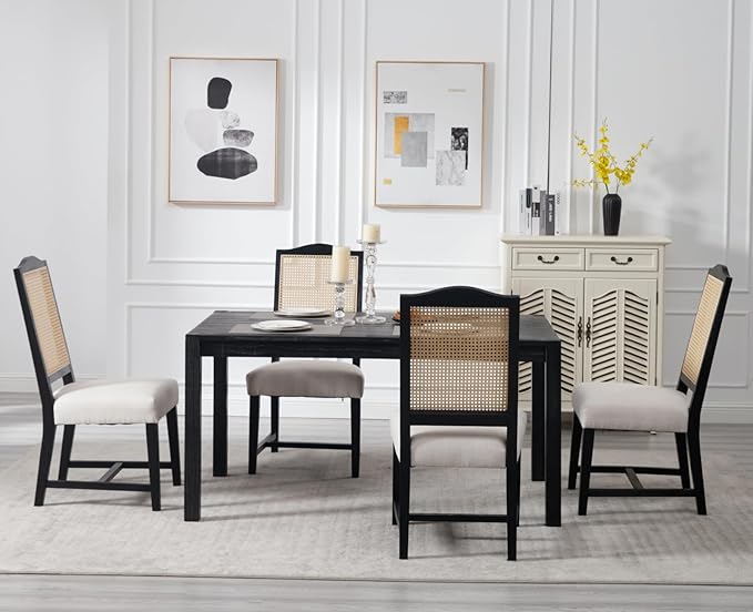 EALSON Rattan Dining Chairs Set of 6 Linen Upholstered Dining Room Chairs with Cane Back Mid Century Modern Kitchen Chairs Black Wood Frame Side Chairs for Dining Room/Kitchen, Beige