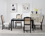 EALSON Rattan Dining Chairs Set of 6 Linen Upholstered Dining Room Chairs with Cane Back Mid Century Modern Kitchen Chairs Black Wood Frame Side Chairs for Dining Room/Kitchen, Beige