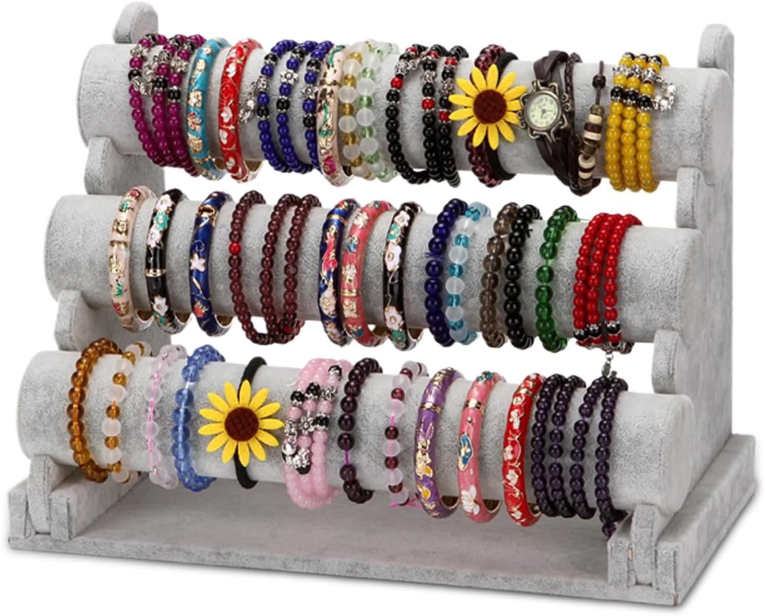 Barelove Velvet Bracelet Holder with 3 Tier Rack, Grey T-Bar Storage Organizer Detachable Display Stand for Necklace Watch Bangles Bracelets Scrunchies Organization Showcase