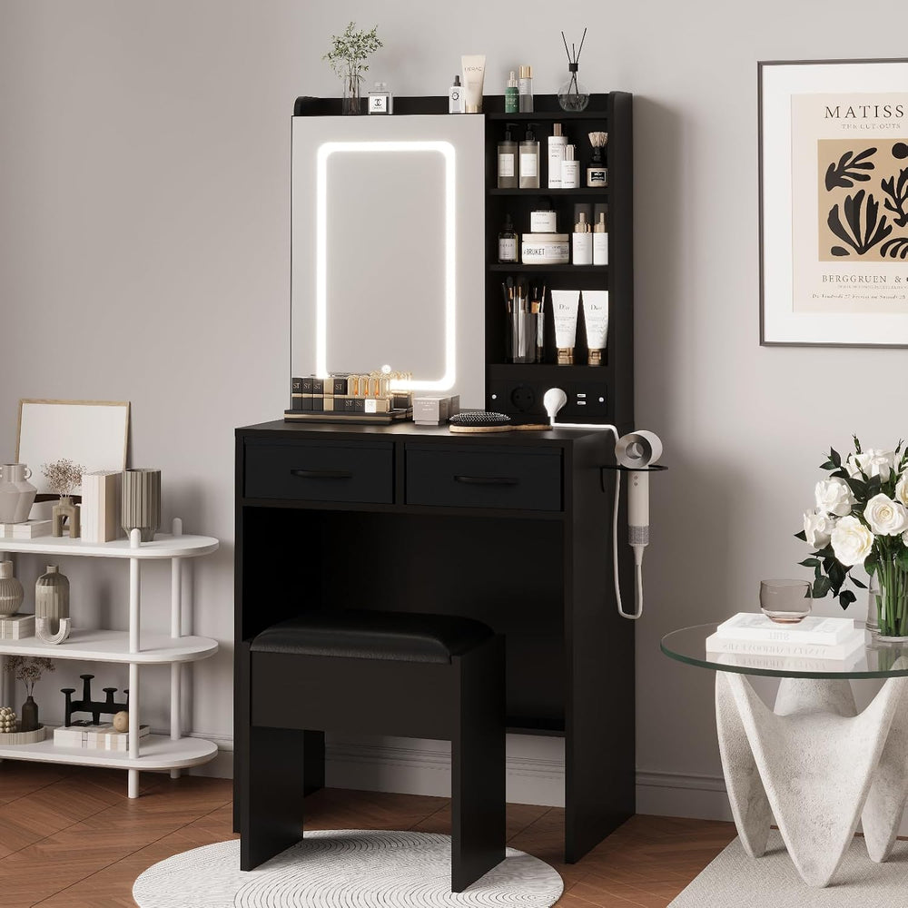 Black Makeup Vanity Desk with Mirror and Lights, Vanity Table Set with Chargi...