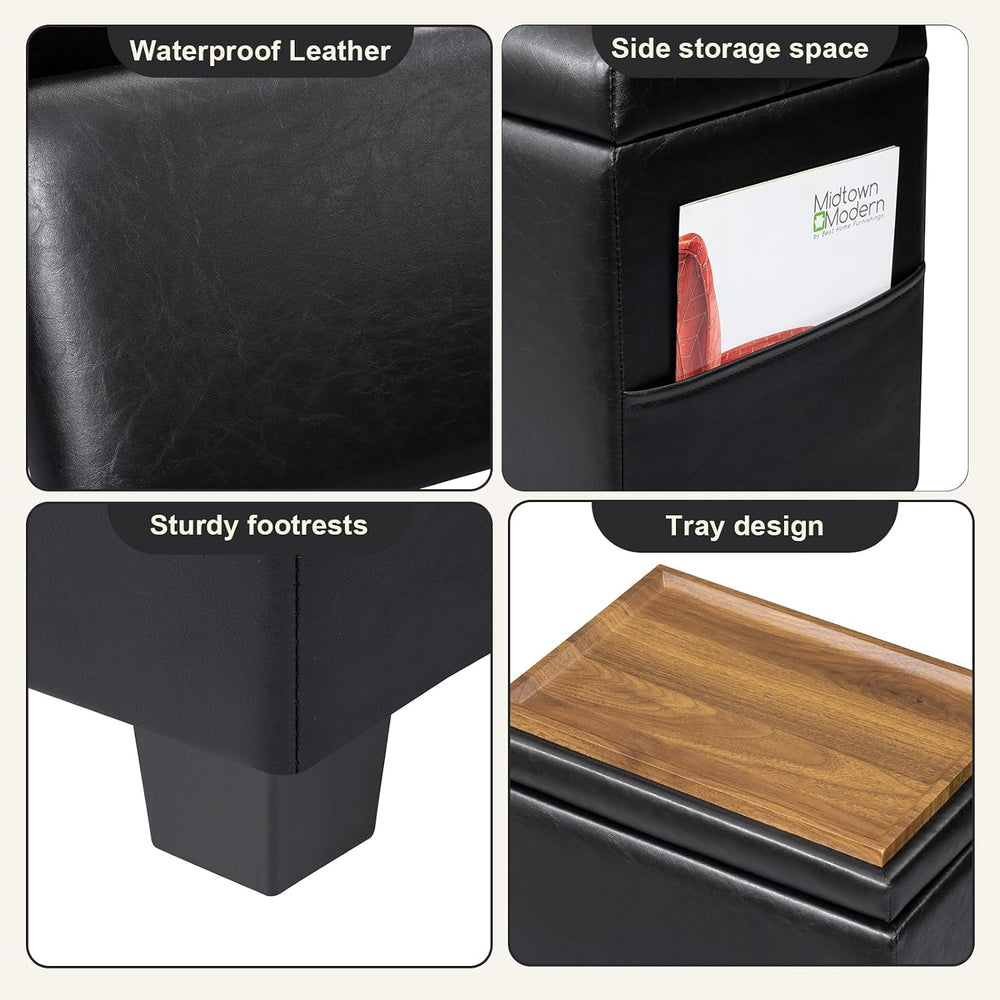 16" Faux Leather Storage Ottoman Foot Rest Stool with Wooden Tray, Foots...
