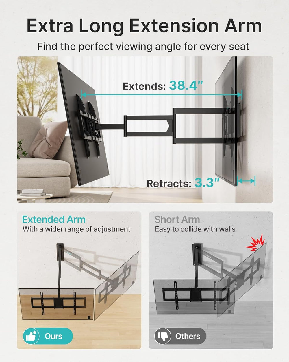 Pegzone Long Arm TV Wall Mount for 37-86 Inch TVs, 38 Inch Extra Long Extensi...