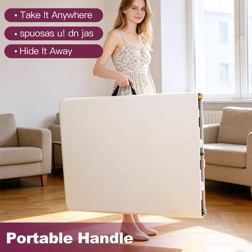 6FT Folding Table, Portable Fold-in-Half Plastic Utility Table with Carrying ...
