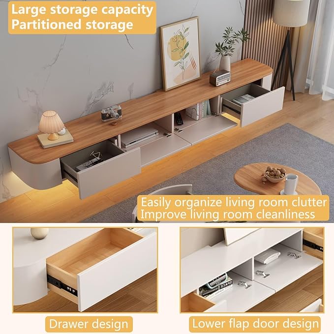 Floating TV Stand with Drawers, Pre-Assembled Wall Mounted TV Console, Modern Floating Media Console for Living Room, Space-Saving Floating TV Cabinet (Wood+White (with Led), 71in/180cm)