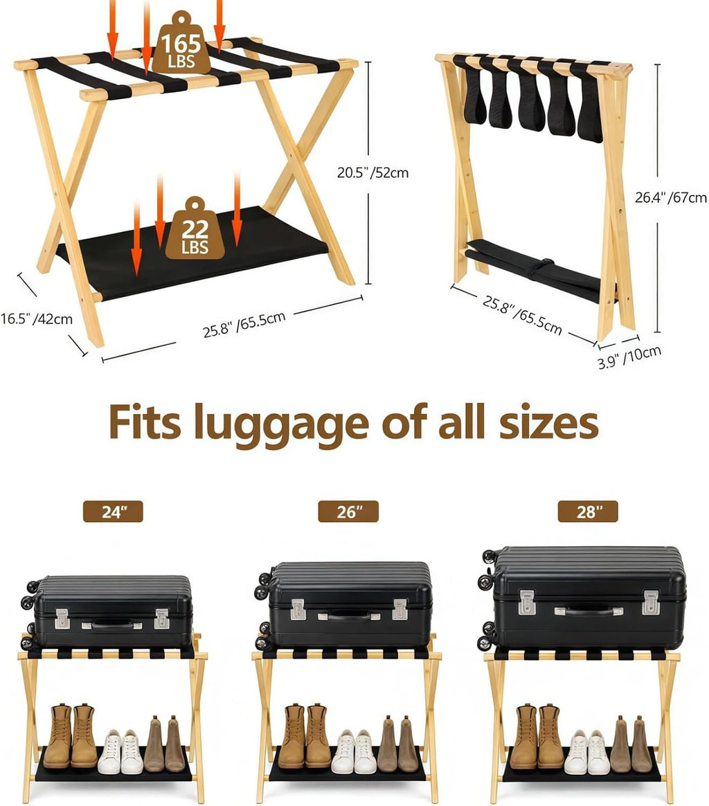 Luggage Rack, Heavy-Duty Bamboo Foldable Suitcase Stand with Storage Shelf, Fits Up to 28" Luggage, Space-Saving Organizer Holder for Guest Room, Bedroom, Hotel, Dorm and Entryway, Natural(2 Pack)