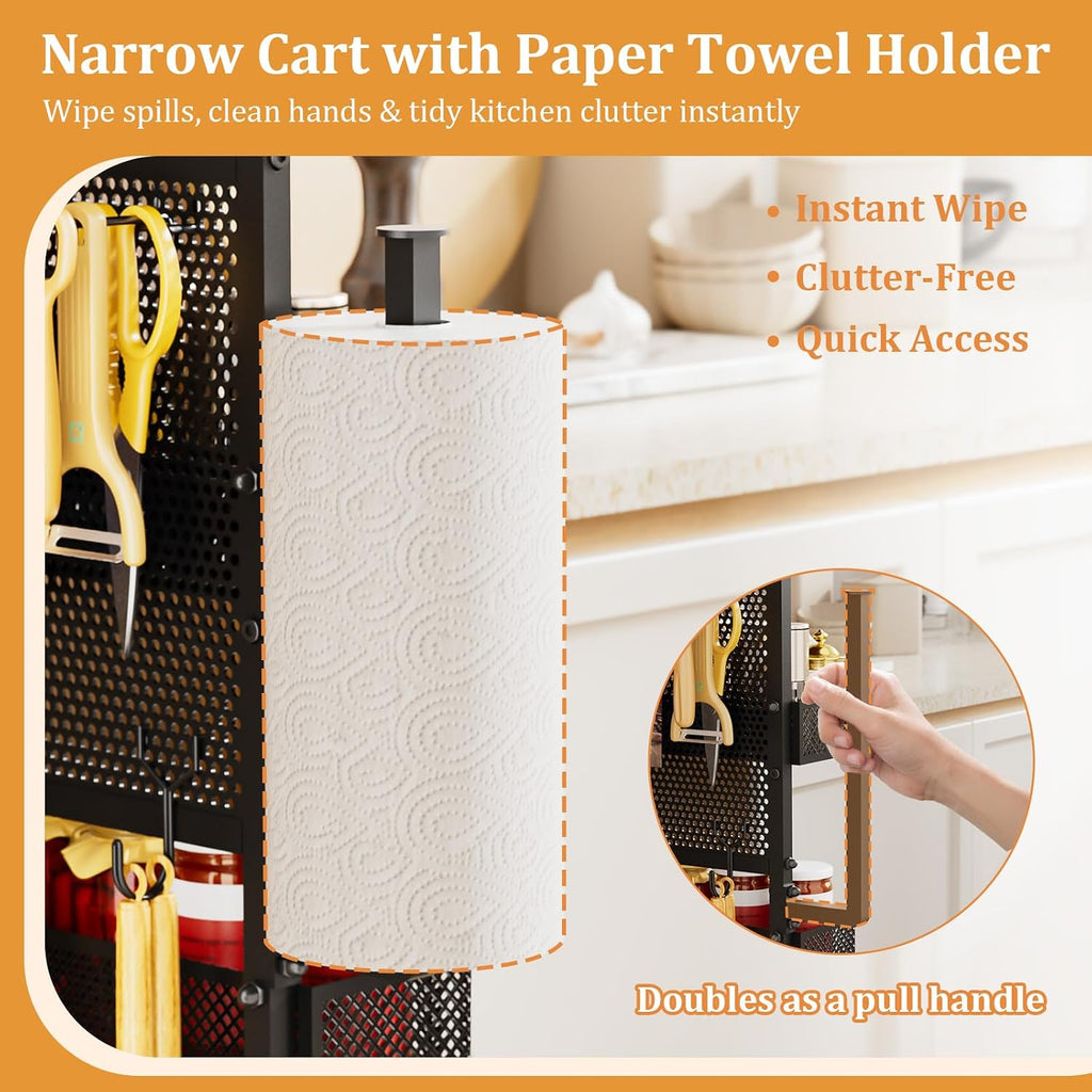 Slim Storage Cart, Narrow Rolling Cart with Wooden Top, Kitchen Cart on Wheels with Paper Towel Holder, Small Skinny Utility Cart for Laundry Room Bathroom, Thin Standing Spice Rack Snack Cart