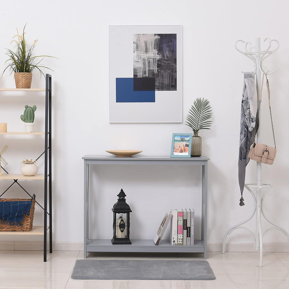 2 Tier Console Table, Sofa Side Table with Storage Shelf, X for Entryway, Liv...