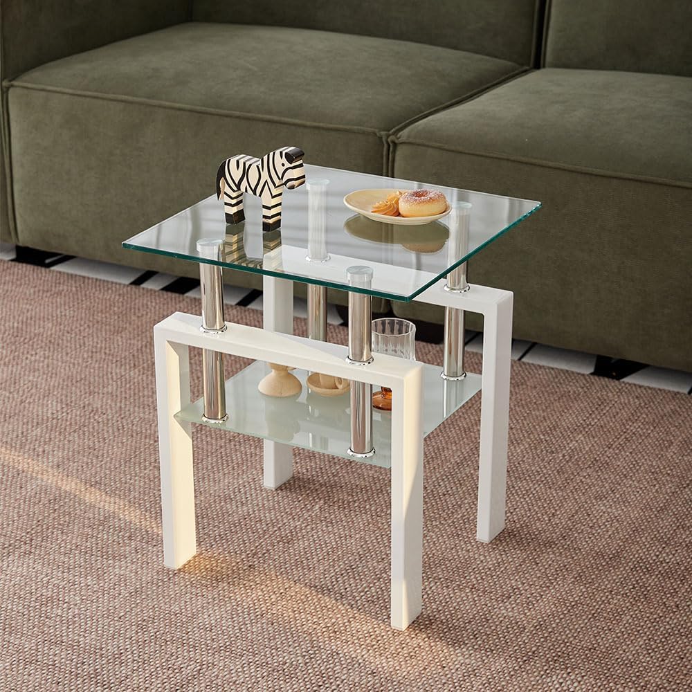 2pcs Modern Glass End Table - Two Tiered Clear Nightstand, Square Tempered Gl...