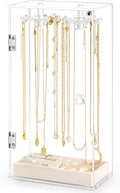 Necklace Holder, Acrylic Jewelry Organizer with 24 Hooks, Rotation Clear Necklaces Pendant Display Case Stand, Dust-proof Velvet Tray Hanging Rack Storage for Earrings Rings