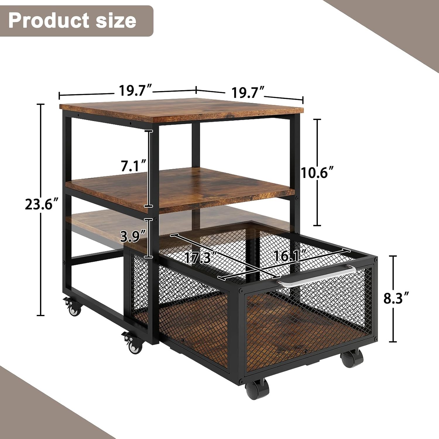 PUNCIA 19.7"x19.7" Mini Fridge Stand 3-Tier Beverage Fridge Table, Retro | 220 LB Capacity Beverage Refrigerator Table, Heavy Duty Rolling Organizer with Drawers for Dorm Apartment Office Bedroom