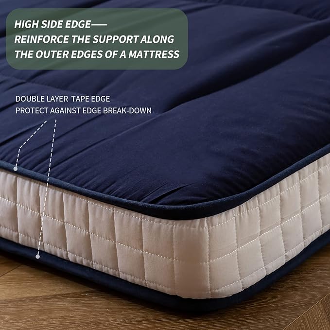 MAXYOYO Futon Mattress, Padded Japanese Floor Mattress Quilted Bed Mattress Topper, Extra Thick Folding Sleeping Pad Breathable Floor Lounger Guest Bed for Camping Couch, Navy, Full