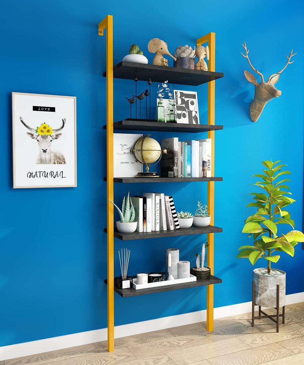 5-Tier Ladder Shelf, Industrial Wall Mounted Bookshelf, Narrow Ladder Bookcase with Wood Board and Metal Frame, Open Display Shelf for Living Room, Bedroom, Office, Black and Gold