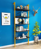 5-Tier Ladder Shelf, Industrial Wall Mounted Bookshelf, Narrow Ladder Bookcase with Wood Board and Metal Frame, Open Display Shelf for Living Room, Bedroom, Office, Black and Gold