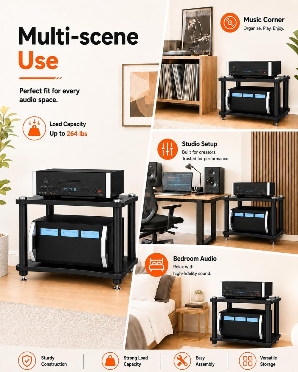 Heavy Duty 2-Tier AV Media Stand, 176 lb Load Capacity, Black | anti-vibratio...