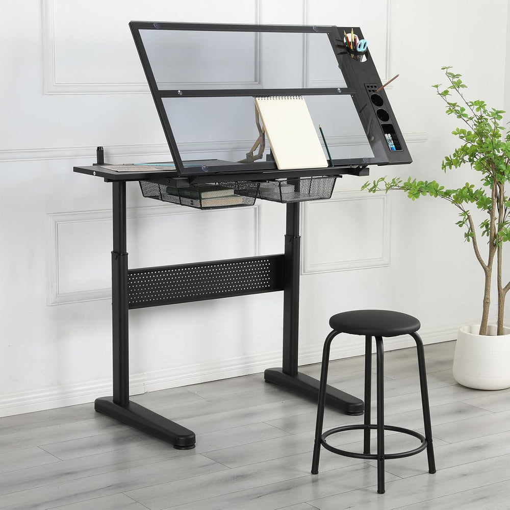 Adjustable Drafting Table with Hand-Crank Lift, 0-75° Tilting Tempered Glass ...