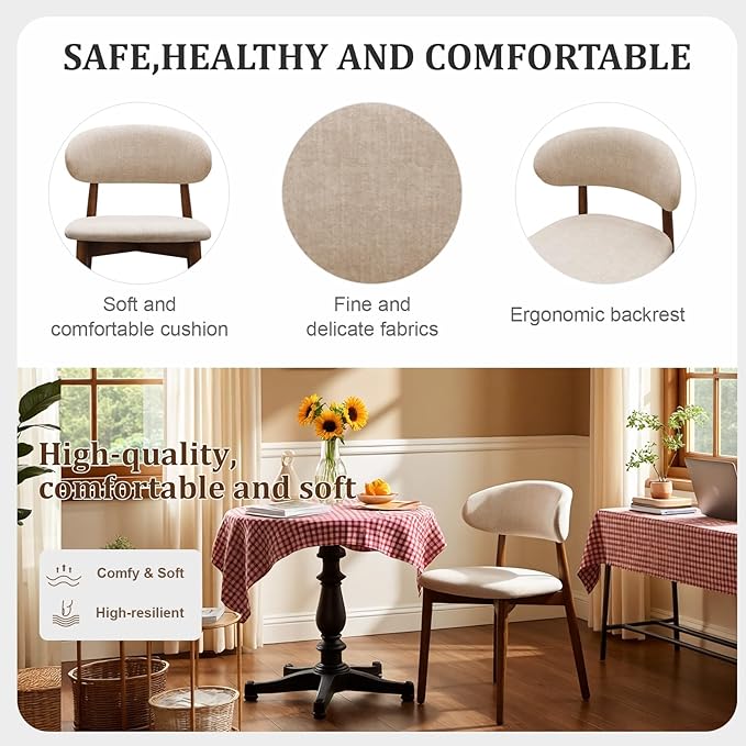 Farmhouse Dining Chairs Set of 4, Mid Century Modern Wooden Dining Room Chairs, Farmhouse Fabric Upholstered Kitchen Dinner Chairs for Living Room Restaurant Cafe, Walnut/Light Camel