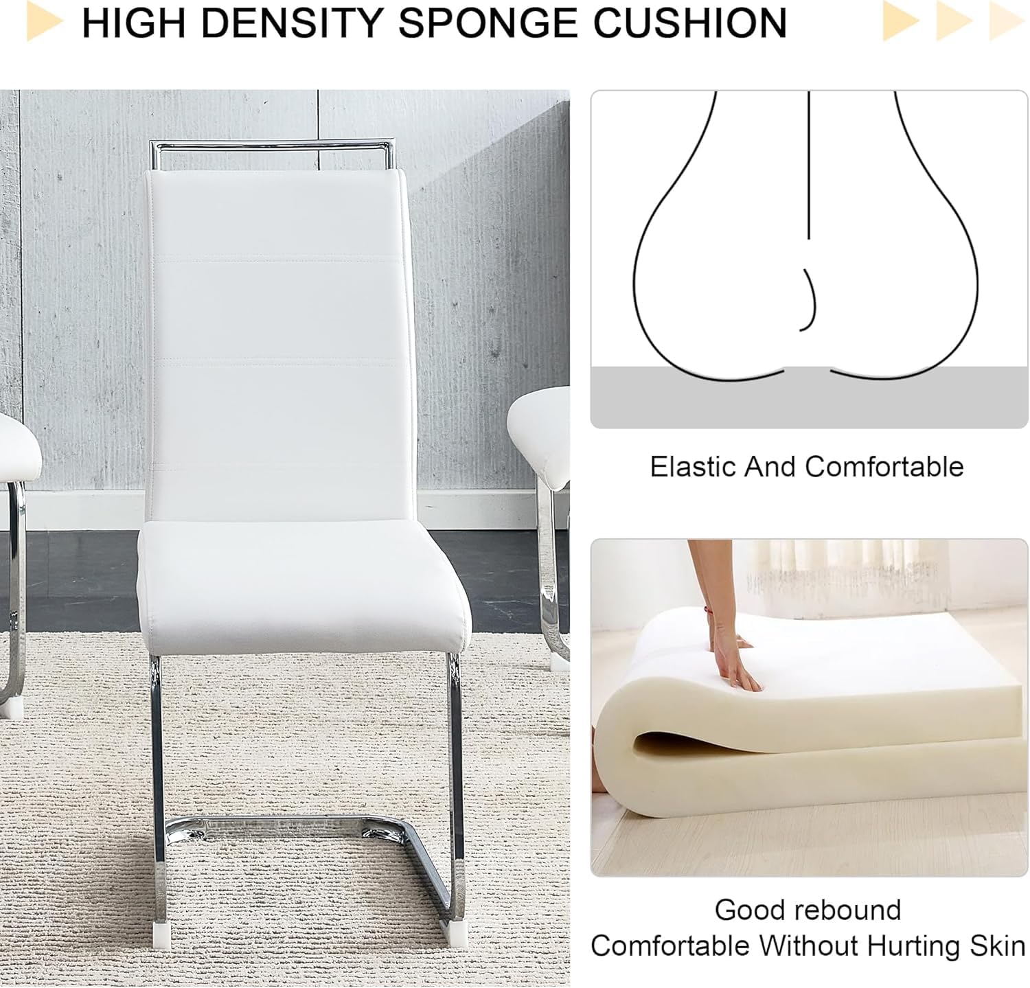 Dining Chairs Set 8, Armless White Kitchen Chairs,Waterproof Faux Leather Dinner Chairs with Upholstered Seat,Armless Side Chairs with Silver Metal Frame for Kitchen Dining Room