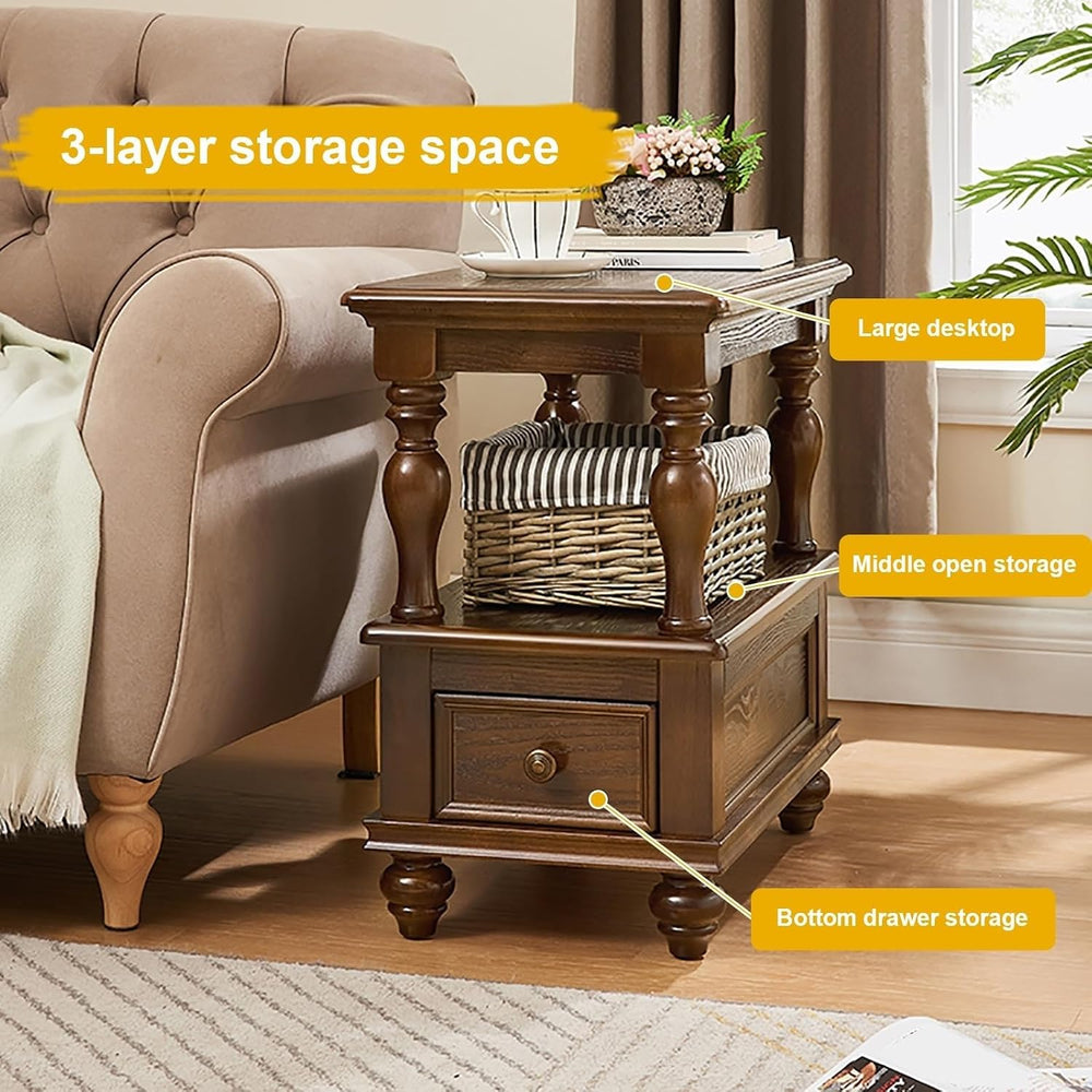 Narrow End Table with Drawer and Storage Shelf Solid Wood Slim Rectangular So...