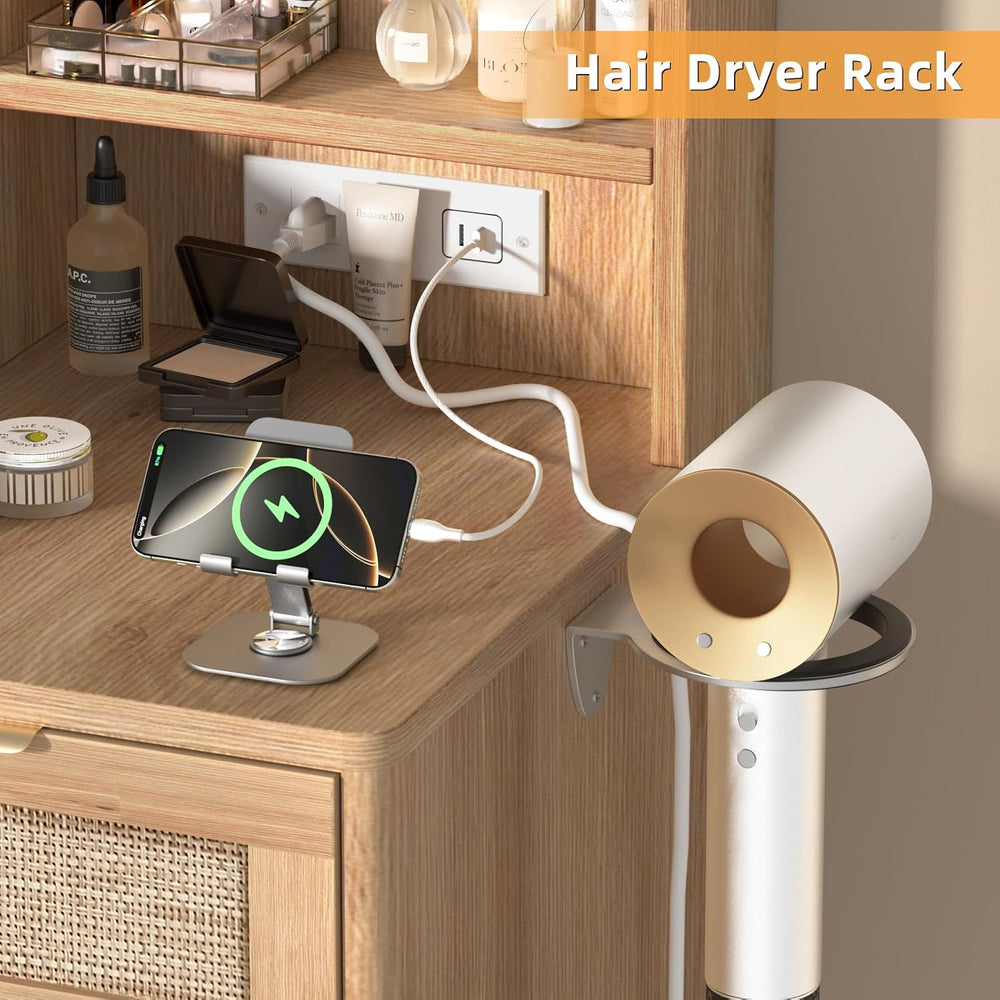 LEYAOYAO Rattan Makeup Vanity Desk with Stool, Mirror and Lights | Power Outl...