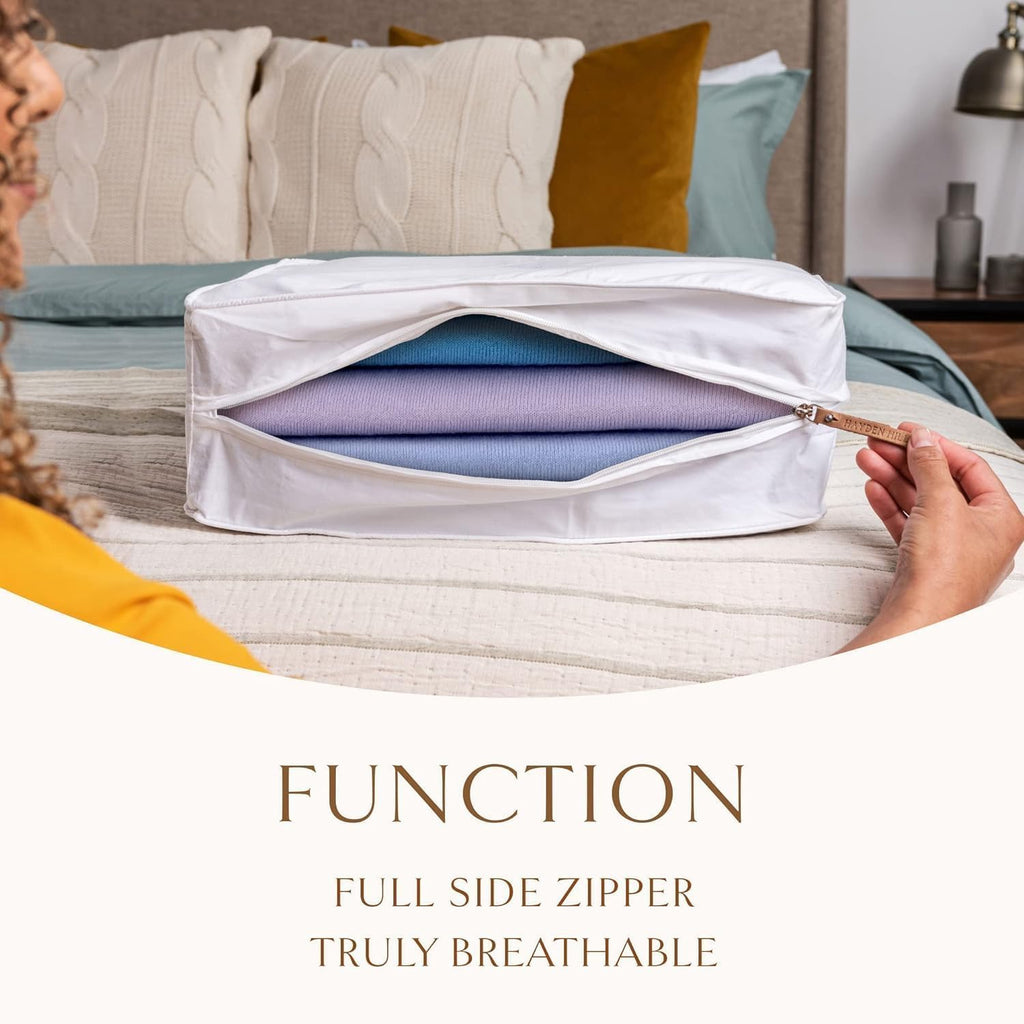 Hayden Hill Luxury Organic Cotton Sweater Storage Bag For Cashmere 15 Inch | Fits 4 Fine Knits, Breathable, Moth Proof, Garment Storage Bag For Cashmere, Zippered, Certified Carbon Neutral, White