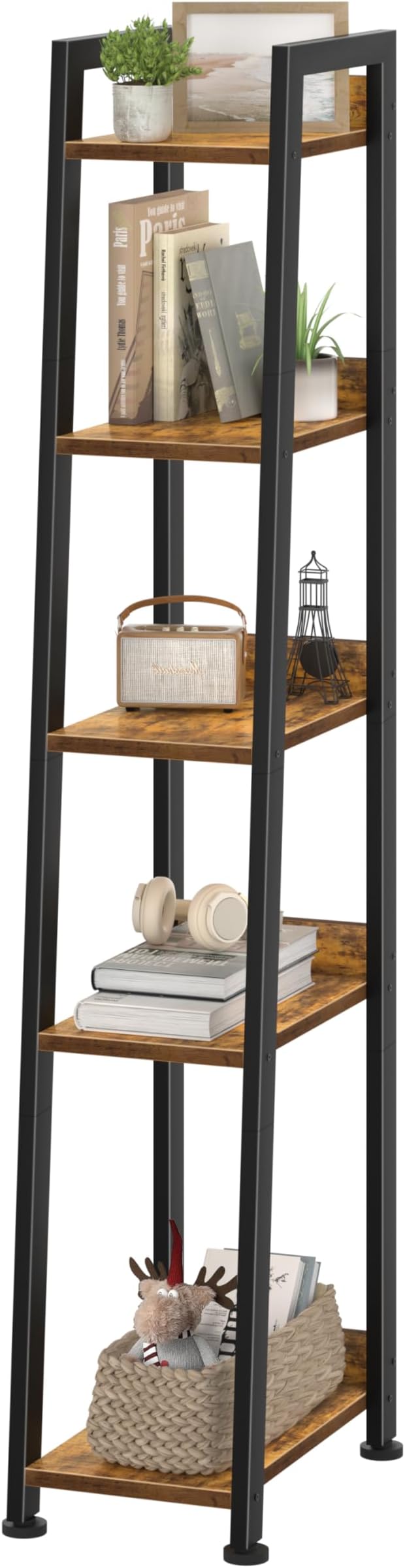 Narrow Ladder Shelf for Small Spaces - 5 Tier Thin Bookshelf Skinny Book Shelves Slim Bookshelves 60 inch Tall, Farmhouse Brown (02BN)