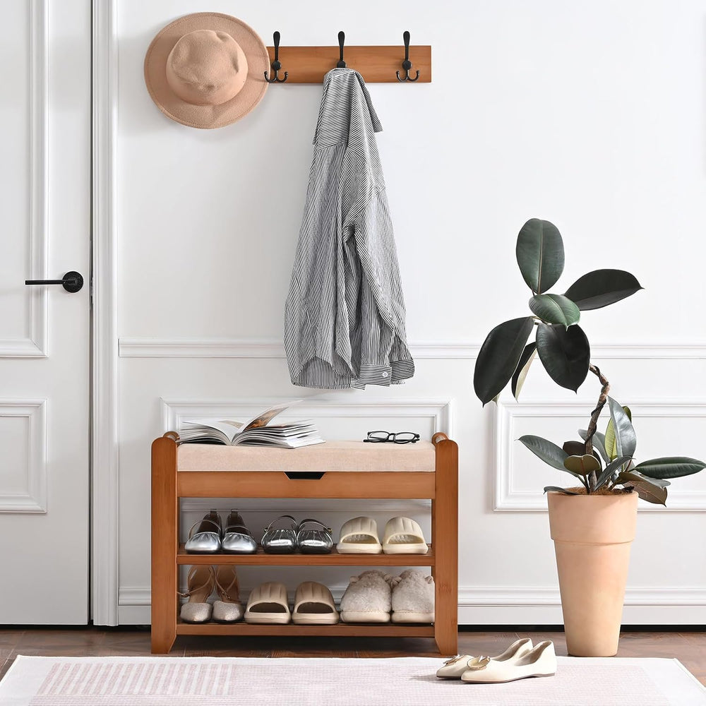 27.6in Shoe Rack with Storage Bamboo Entryway Bench with Drawer & Hooks