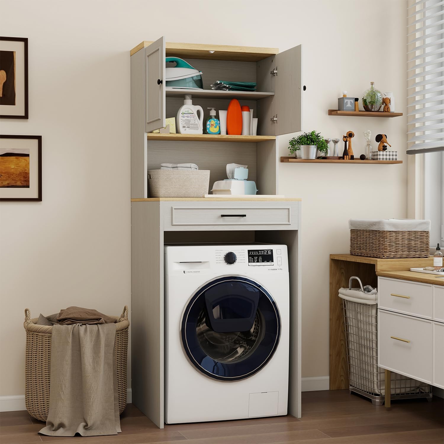 Washer Dryer Countertop with Shelf, Over The Washer or Dryer Storage Shelves Cabinet, Laundry Room Storage and Organization, Compact Washing Machines with a Width of Less Than 27 inches