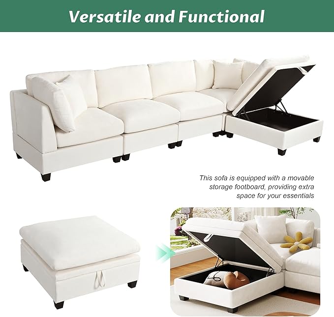 Merax Modern Upholstered Modular Sectional Sofa with Removable Storage Ottoman and Hidden Cup Holders, Free Combination Indoor Furniture Sets for Apartments, Studio, Office, 5 Seat-L Shape, Beige