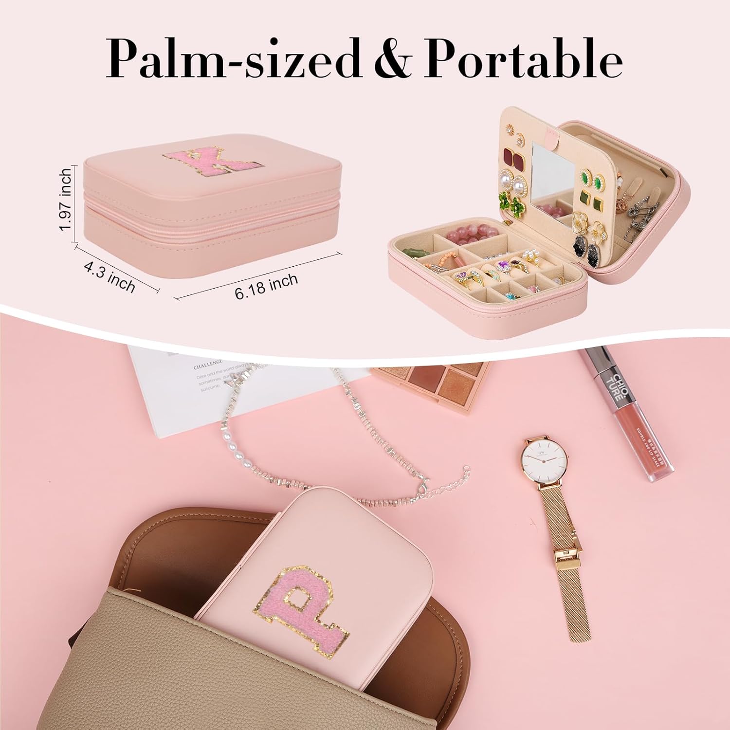 TopPerfekt Travel Jewelry Case, Jewelry Box with Mirror, Jewelry Organizer Bridal Shower Gifts to Her, Earring Storage Travel Case, Trendy Gift for Women and Girls, Girlfriend-Letter P, Pink