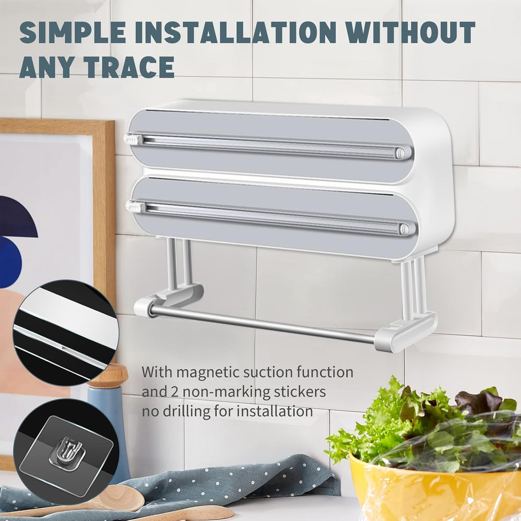 3 in 1 Plastic Wrap Dispenser with Cutter，Magnetic Aluminum Foil and Adhesive Film Organizer, Wall Mount Kitchen Wrap Organizer, Cling Wrap Dispenser with Paper Towel Holder and Cutter