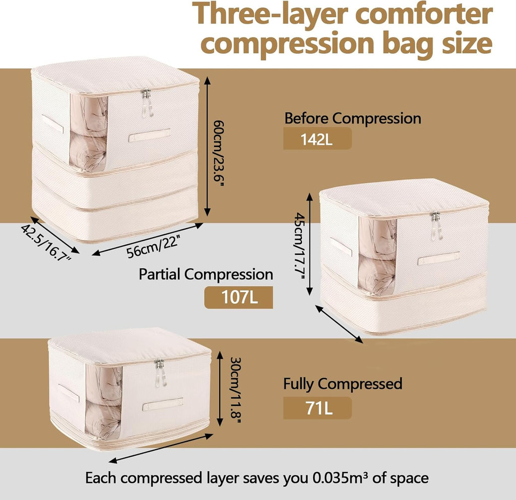 6 Pack Space Saving Comforter Storage Bag with Handle, 3-Layer Compression Blanket Storage Bags Adjustable In 3 Sizes (142L, 107L, 71L), Washable Bedding Organizer For Pillow Duvet Clothing Plush Toy