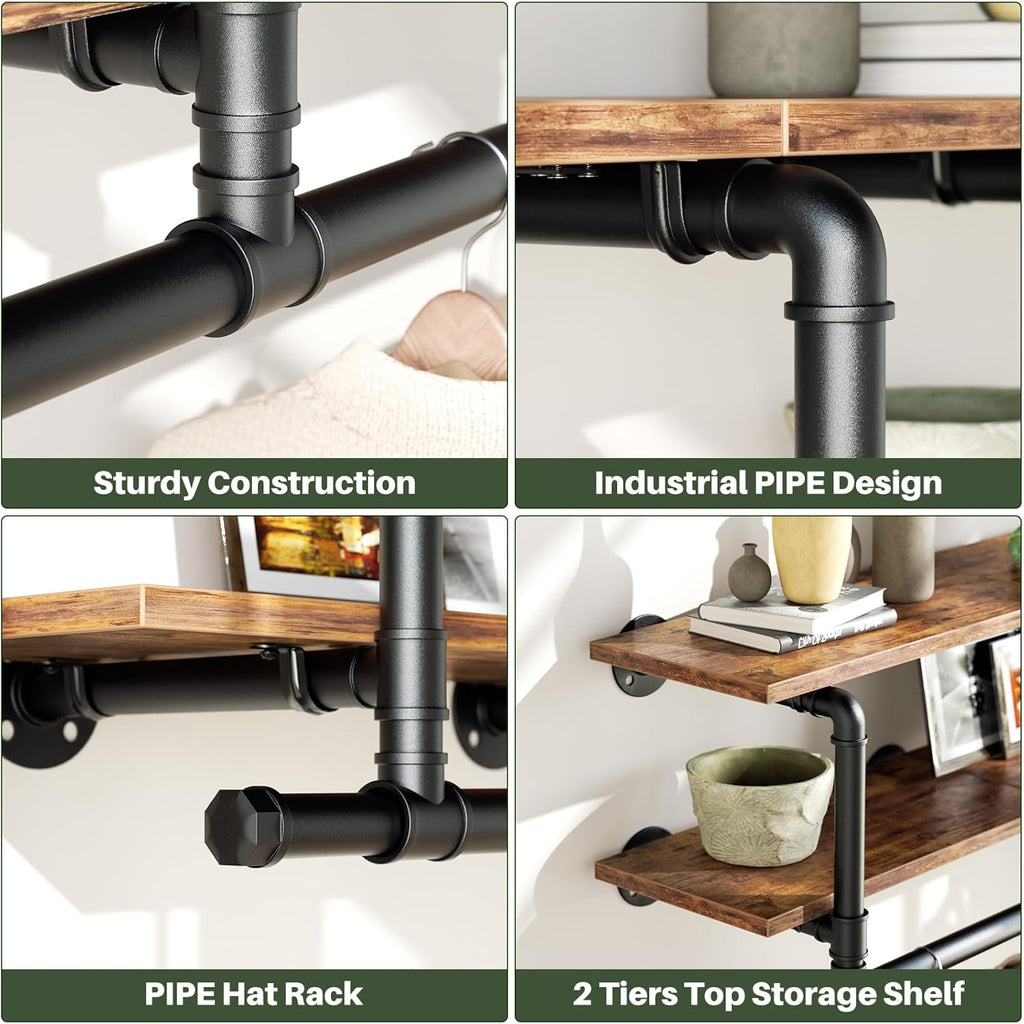 Aheaplus Industrial Pipe Clothes Rack with Top Shelf, 73In Space-Saving Wall Mounted Clothing Rack, 2 Tiers Heavy Duty Pipe Clothing Shelves with Hanging Rod for Laundry Room, Closet, Rustic Brown