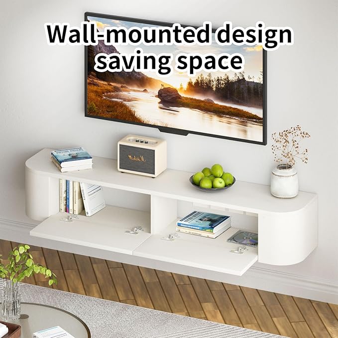 SHGJ&SOFT Floating TV Stand Wall Mounted Media Console with Door Entertainment Centerwith Storage Cabinets, Wall Mounted TV Shelf for Bedroom,Living Room (White, 47.2IN)