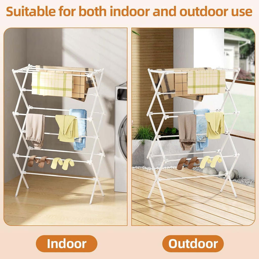 Drying Rack Clothing, 3-Tier Clothes Drying Rack Foldable, Antirust Laundry Drying Rack Collapsible Use for Indoor & Outdoor, 11.8" D x 34.6" W x 35.4" H, White