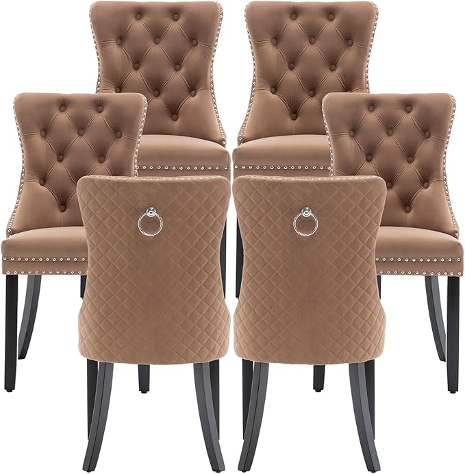 Velvet Dining Chairs Set of 6, Upholstered Dining Room Chairs with Nailhead Trim, Sillas de Comedor Modernas 6, Wooden Kitchen Chairs for Dining Room, Living Room, Kitchen, Bedroom, Brown