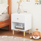 Kids Nightstand, Modern Night Stand with One Drawer and Open Storage Shelf, Wooden Bedside Table, End Table for Living Room, Bedroom, Toddler Nightstand for Boys and Girls, White