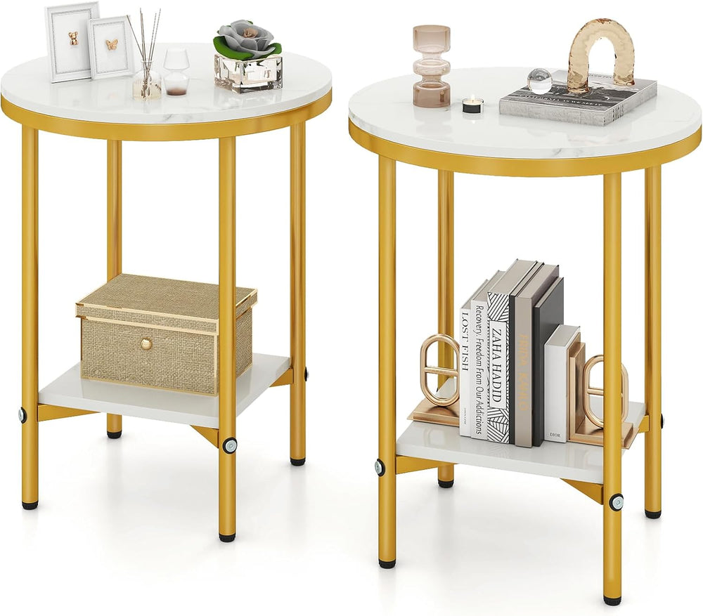 Giantex Round Side Table Set of 2, 2-Tier Faux Marble Bedside Night Stand w/M...