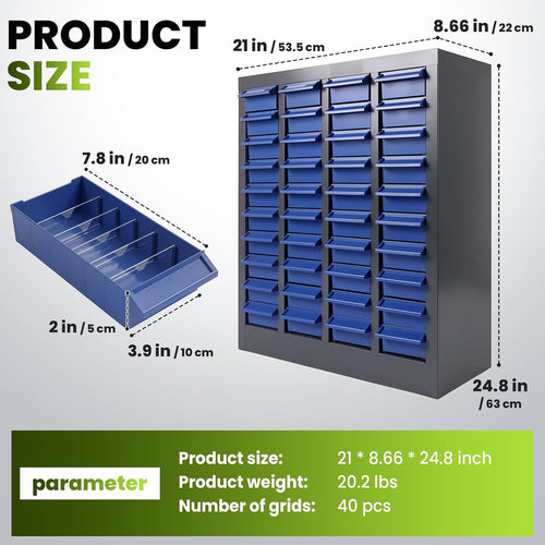 40-Drawer Bolt and Nut Organizer Bolt Bin Cabinet, Steel Part Cabinets Hardware Tool Storage Cabinet with Shelves and Label Stickers for Parts, Small Items and Toy Storage(21" L x 24.8" H)