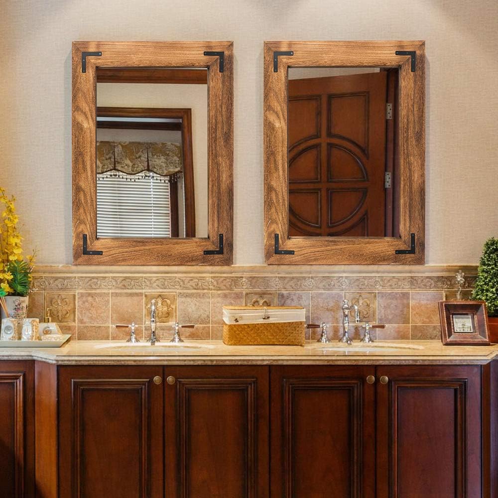 YOSHOOT Rustic Wooden Framed Wall Mirror, Natural Wood Bathroom Vanity Mirror...