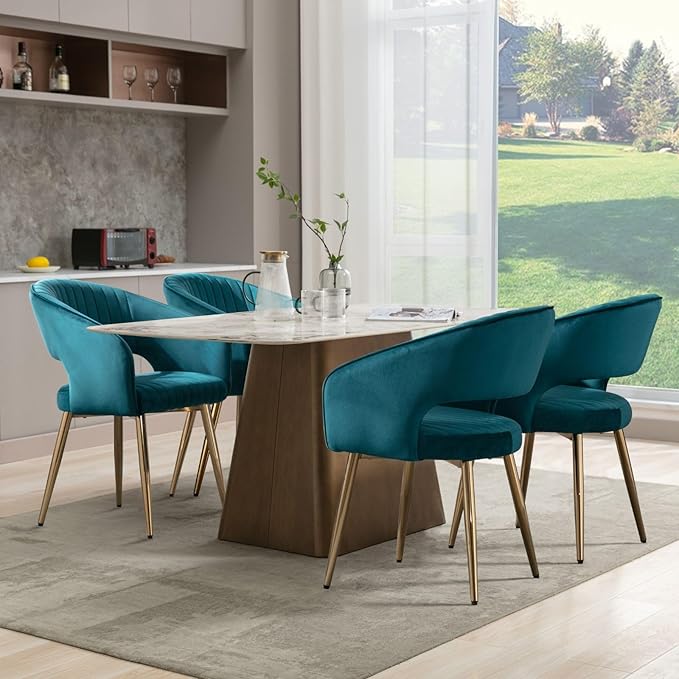 Teal Velvet Dining Chairs Gold Legs, Modern Dining Room Chairs with Arms Set of 4 Upholstered Accent Chair Armchair with Barrel Back for Kitchen Living Room