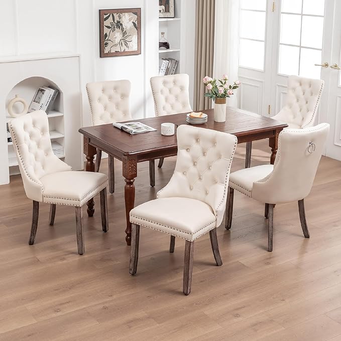 Kiztir Velvet Dining Chairs Set of 6, Upholstered Dining Room Chairs with Ring Pull Trim and Nailhead Trim, Luxury Tufted Dining Chairs for Living Room, Bedroom, Kitchen (Beige)
